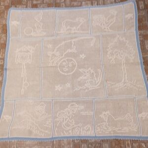 Charming Cream and Blue Kids Crotched Blanket Vintage Handmade